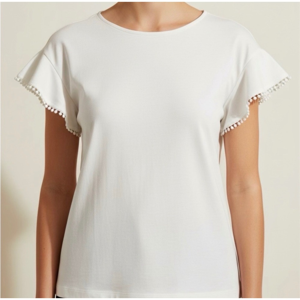 Ann Taylor Off White Pom-Pom Ruffle Sleeve Boat Neck Knit Top XXL